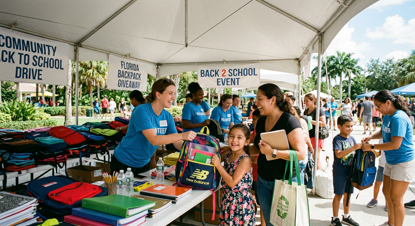 Volunteers handing out backpacks and school supplies to children