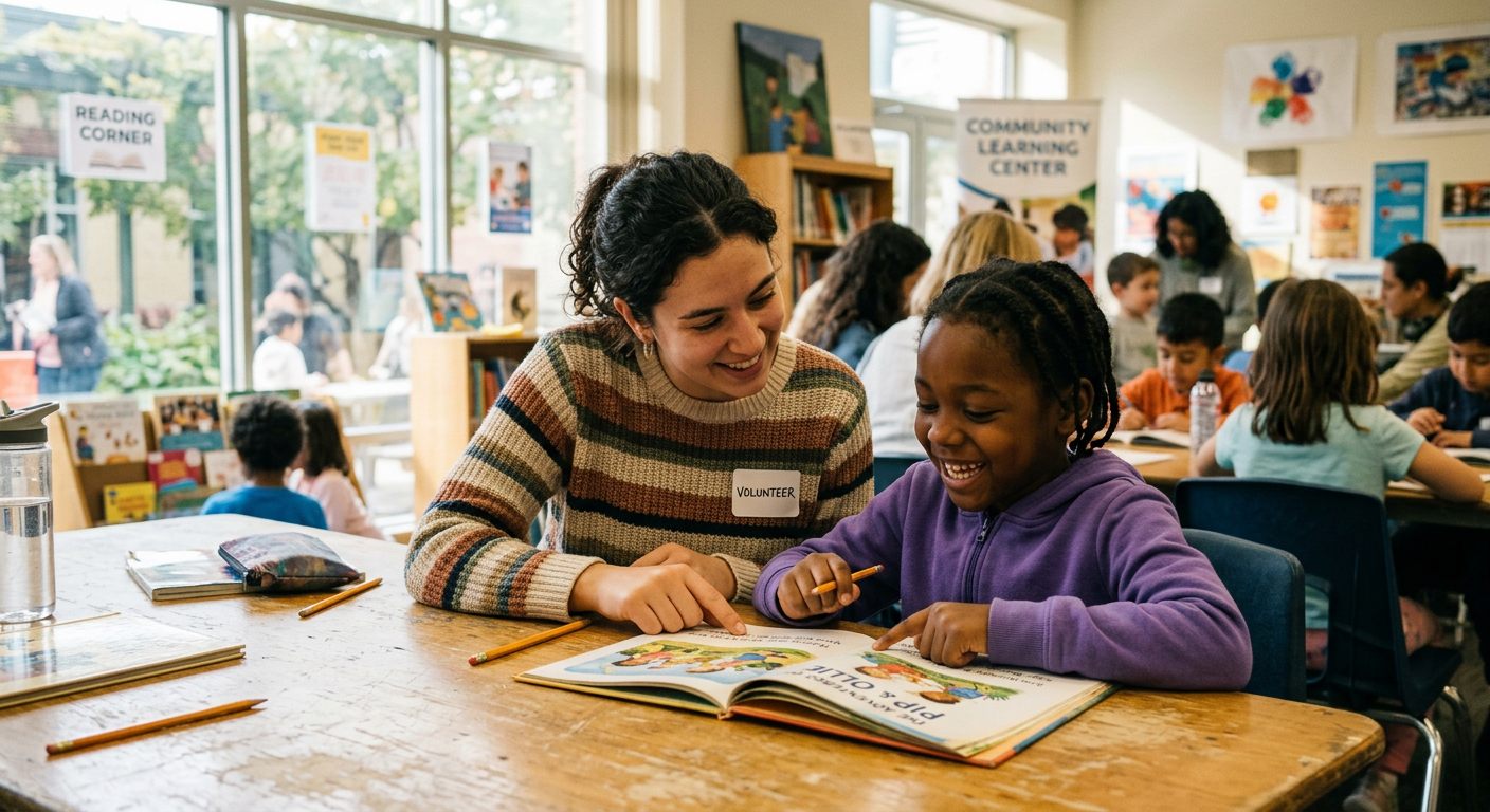 A volunteer tutor reading a book with a young child
