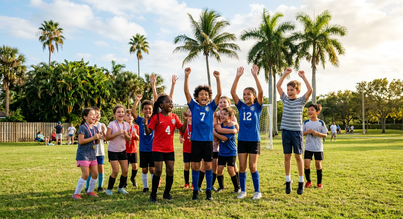 Children celebrating together on a sunny park field
