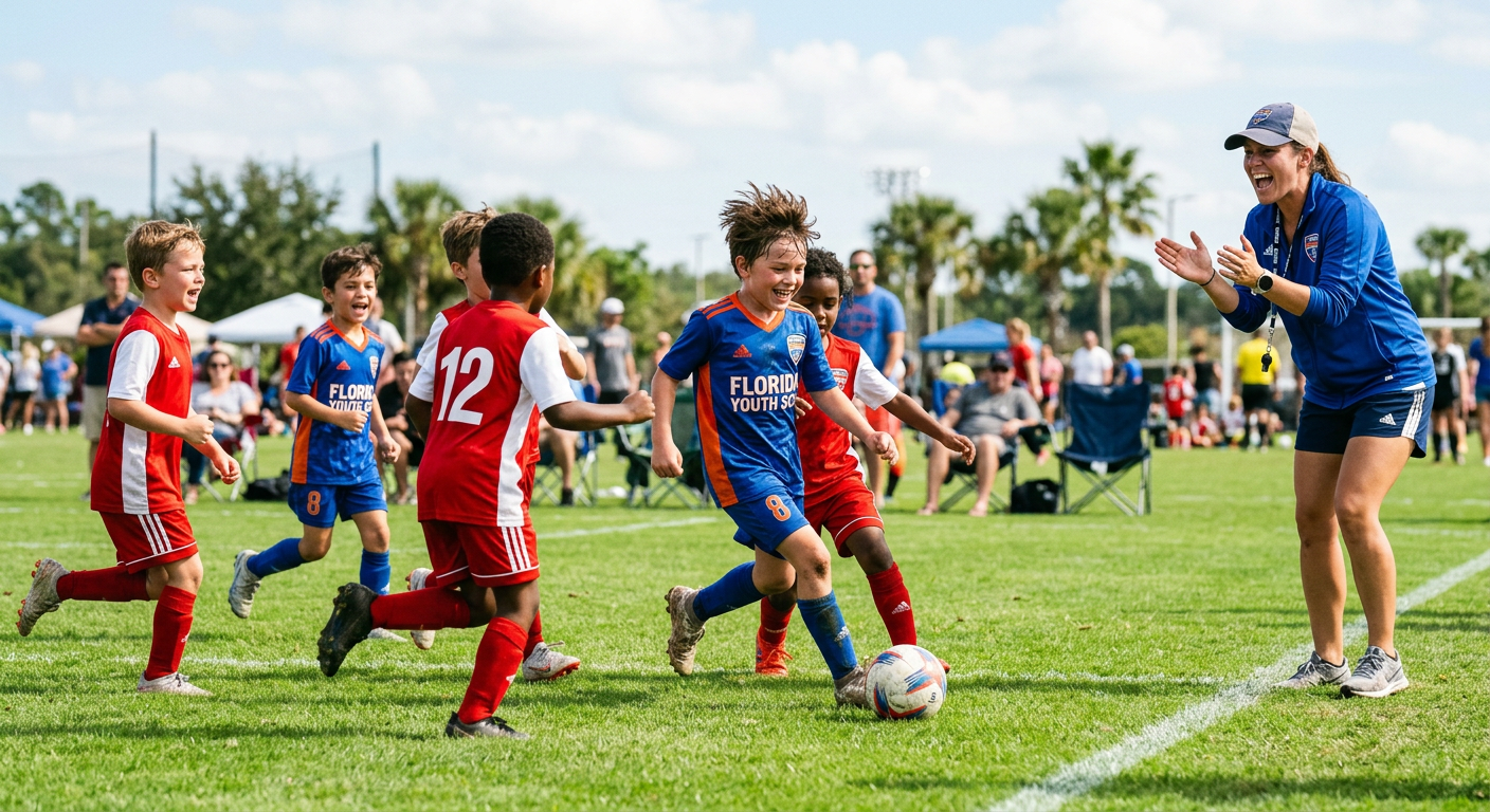Kids playing youth soccer while a coach cheers